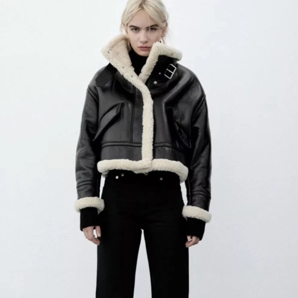 ZARA faux leather fleece collar jacket / leather Fleece Moto CEO Jacket SMALL